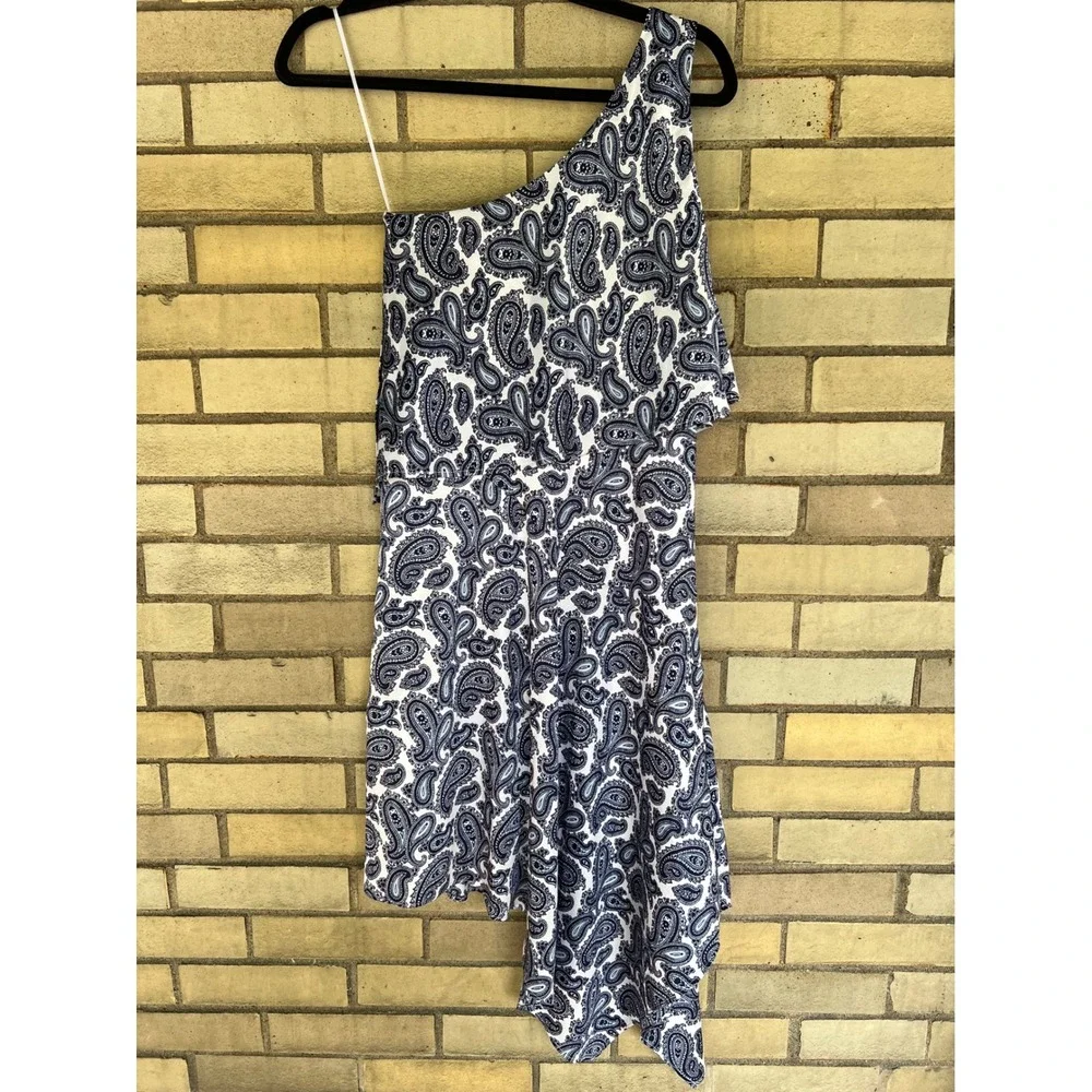 Banana Republic Paisley One Shoulder Asymmetrical Dress Navy White 00 Petite - Picture 5 of 5